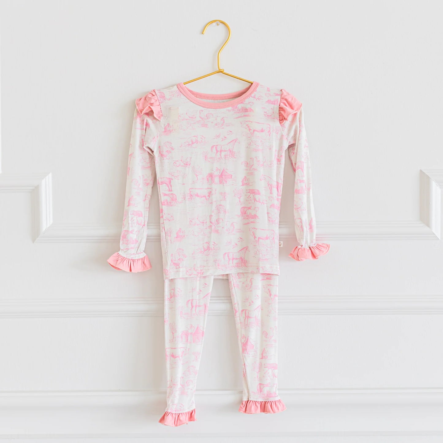 Pink Ruffle Barnyard Toile Two Piece Pajamas Girl