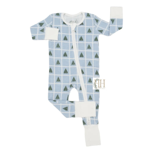 Hamner Hill Blue Check Christmas Tree Onesie Pajamas