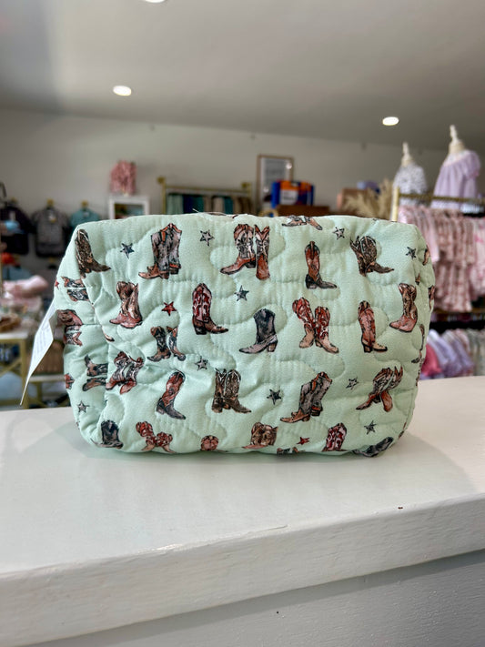 Ida Mae Thunderbird Boots Sage Quilted Makeup Bag