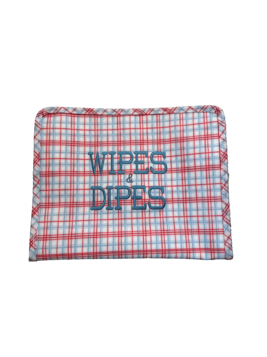 Wipes & Dipes Embroidered TRVL Classic Red Plaid Large Roadie Pouch Bag