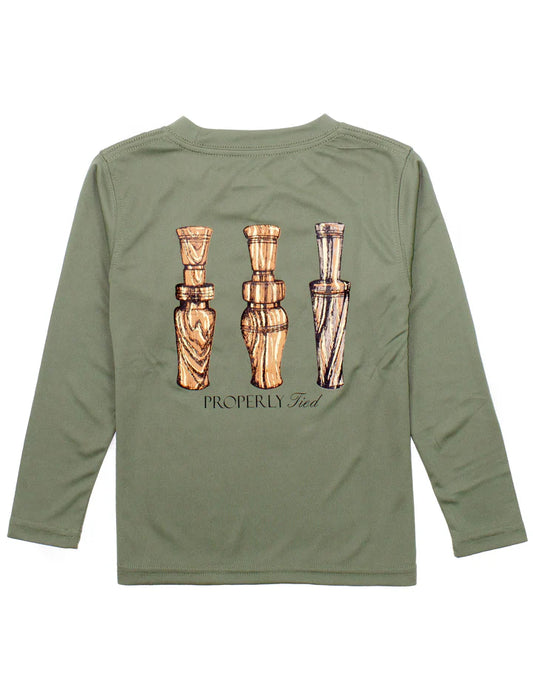 Properly Tied Boys Performance Tee LS Duck Calls Olive