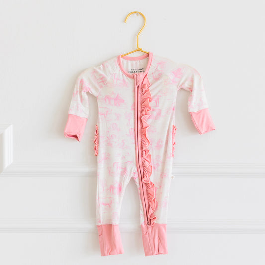 Pink Barnyard Toile Girls Bamboo Zipper Onesie