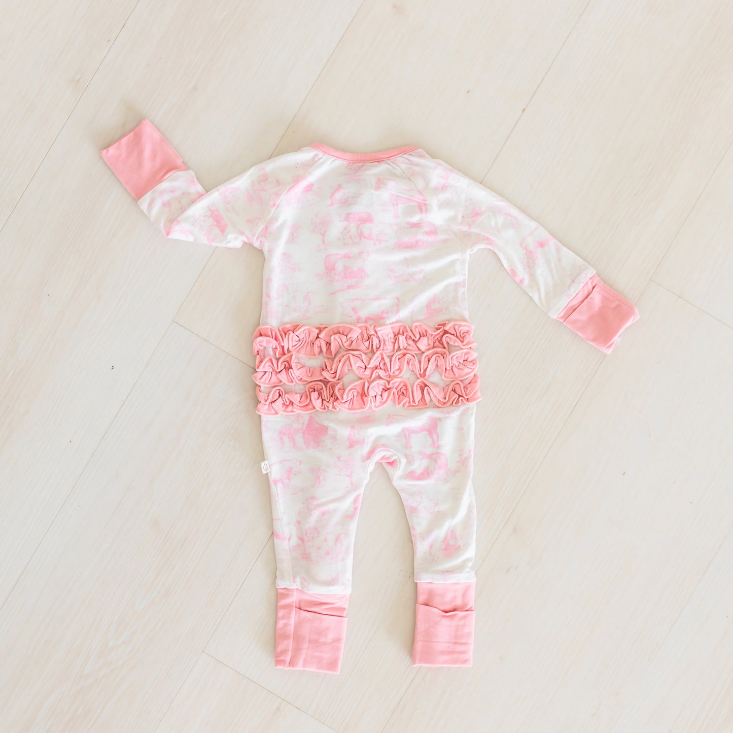 Pink Barnyard Toile Girls Bamboo Zipper Onesie