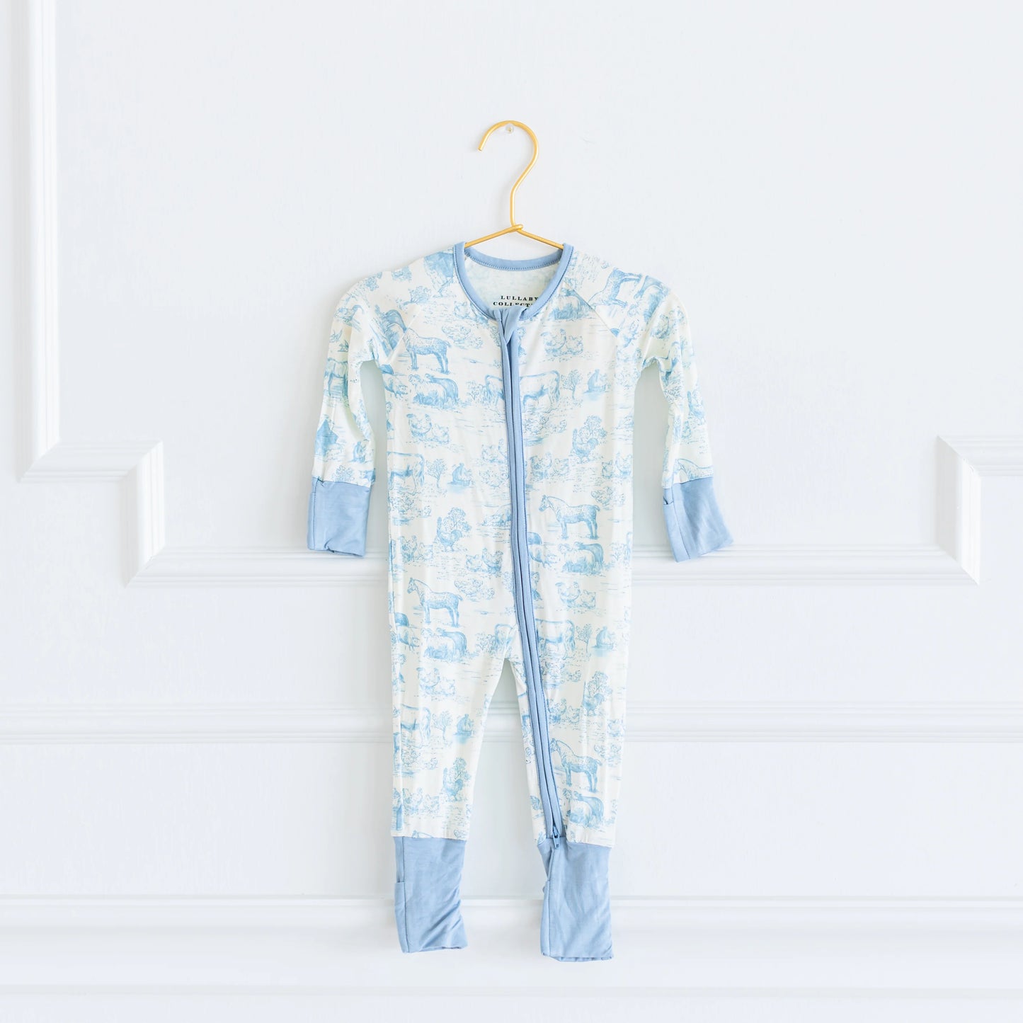 Blue Barnyard Toile Bamboo Zipper Onesie