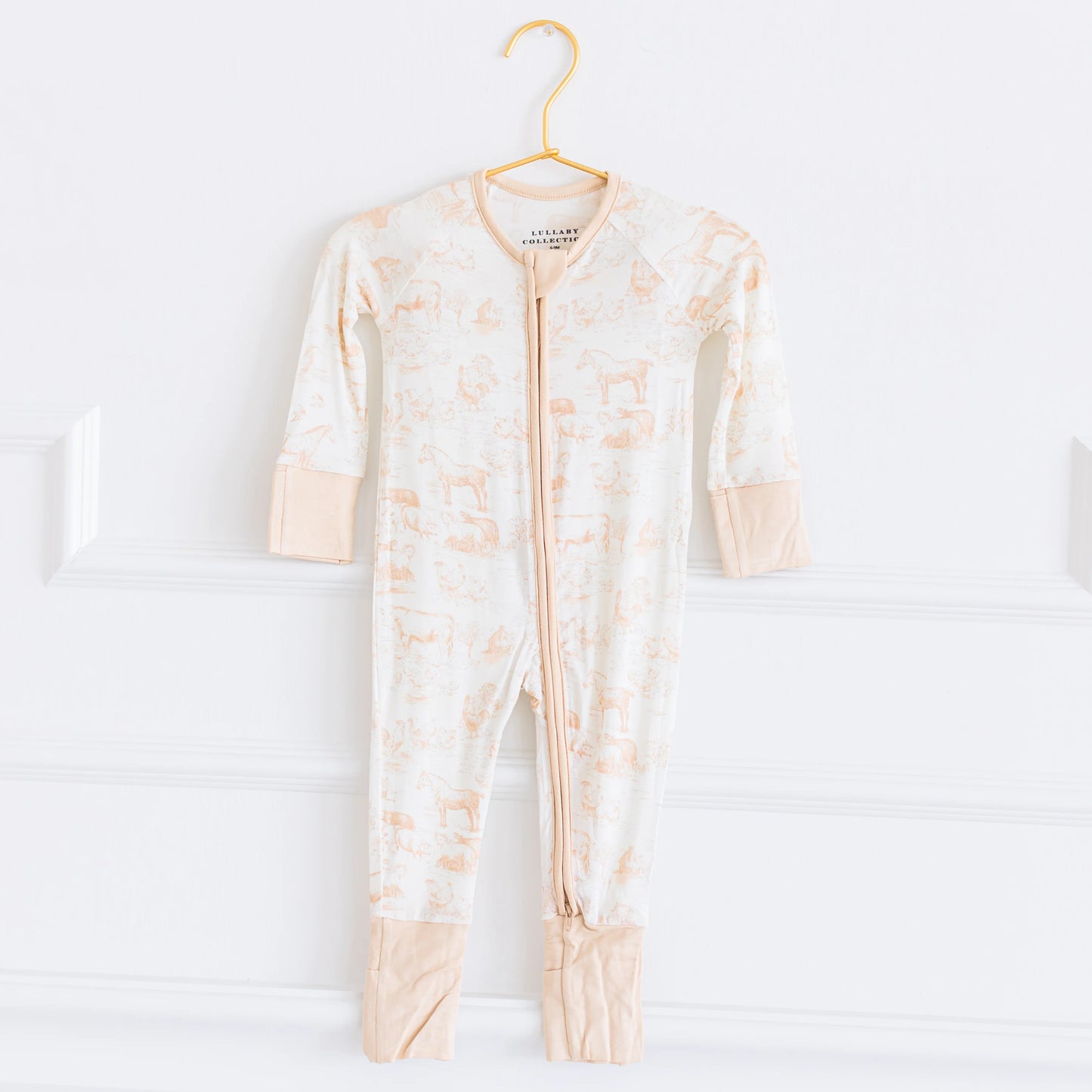 Tan Neutral Barnyard Toile Bamboo Zipper Onesie