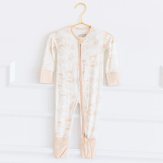 Tan Neutral Barnyard Toile Bamboo Zipper Onesie