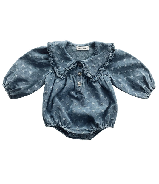 Denim Bow Girls Bubble Romper