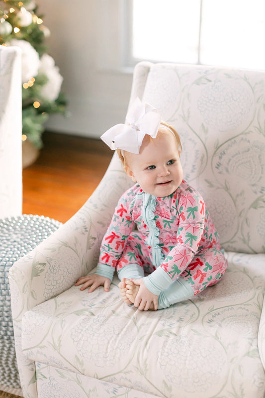 Poppy Kids Co Festive Bow Girls Bamboo Onesie Sleeper