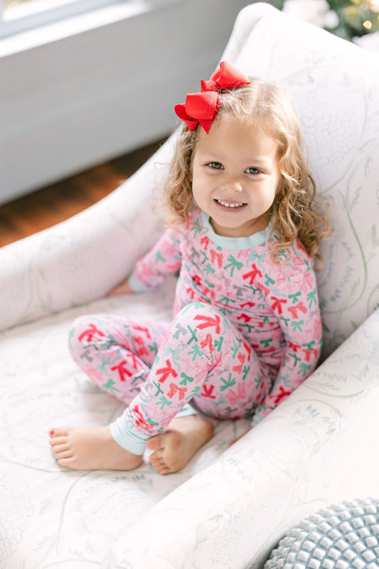 Poppy Kids Co Festive Bow Girls Two Piece Bamboo Pajamas
