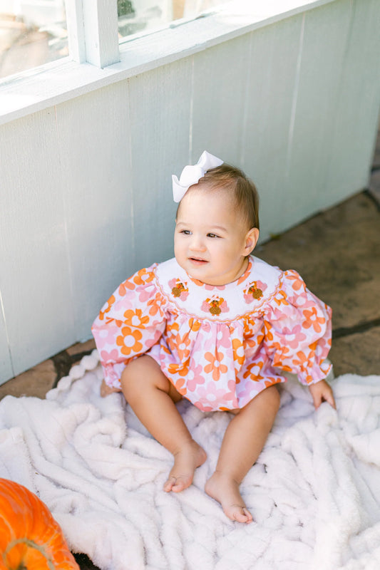 Poppy Kids Co Girls Autumn Turkey Smocked Dress with Diaper Cover