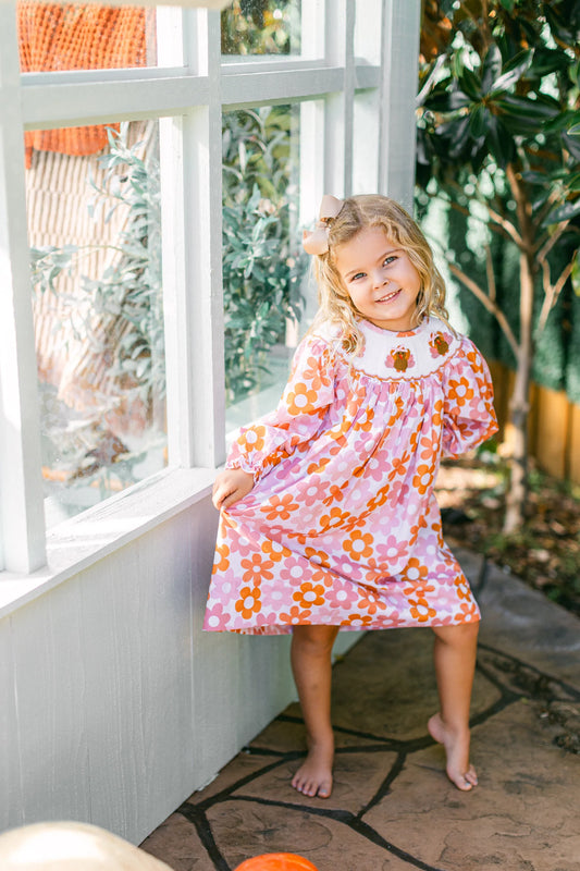 Poppy Kids Co Girls Autumn Turkey Smocked Dress