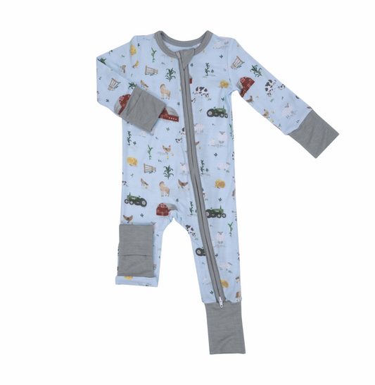 Blue Boys Big Red Barn Bamboo Zipper Onesie