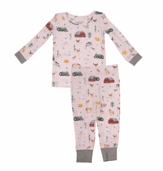 Pink Girls Big Red Barn Long Sleeve Bamboo Two Piece Pajamas