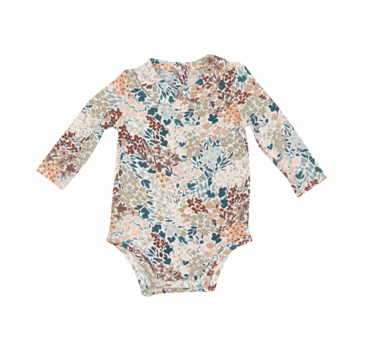 Peter Pan Collared Blue Painted Floral Girls Bodysuit SALE