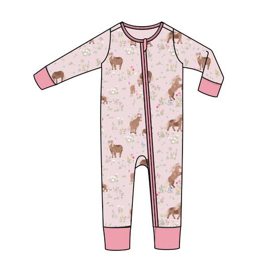 Watercolor Ponies Girls Bamboo Zipper Onesie