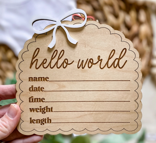 Claire and Bella White Dainty Bow Hello World Birth Announcement Sign