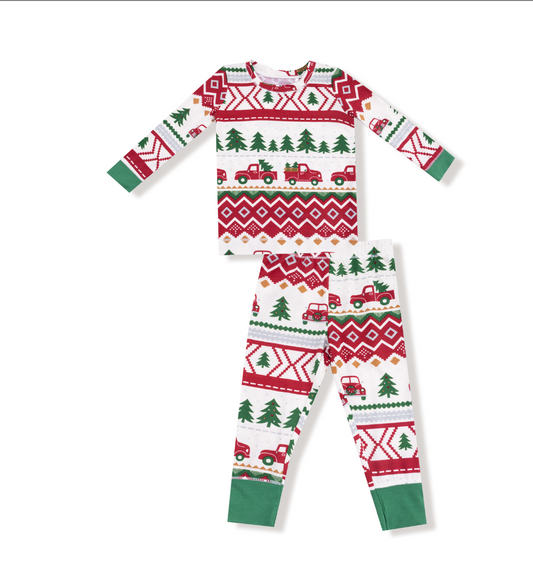Angel Dear Two Piece Bamboo Pajamas- Red Truck Fair Isle