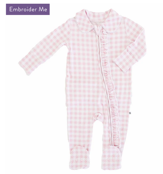 Rosy Gingham Collar Ruffle Girls Bamboo Onesie