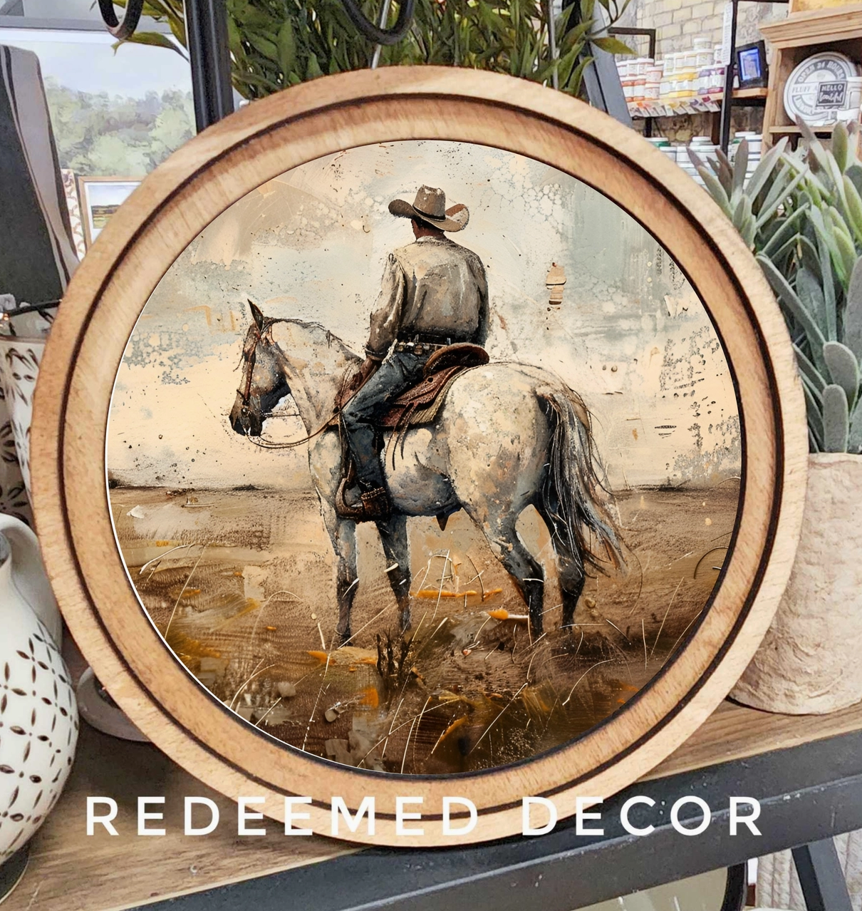 8" Round White Horse Cowboy Art