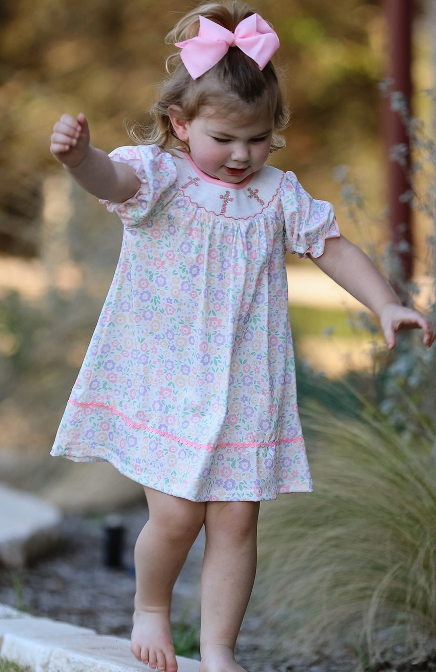 Spring Summer Cross Smocked Colorful Girls Dress