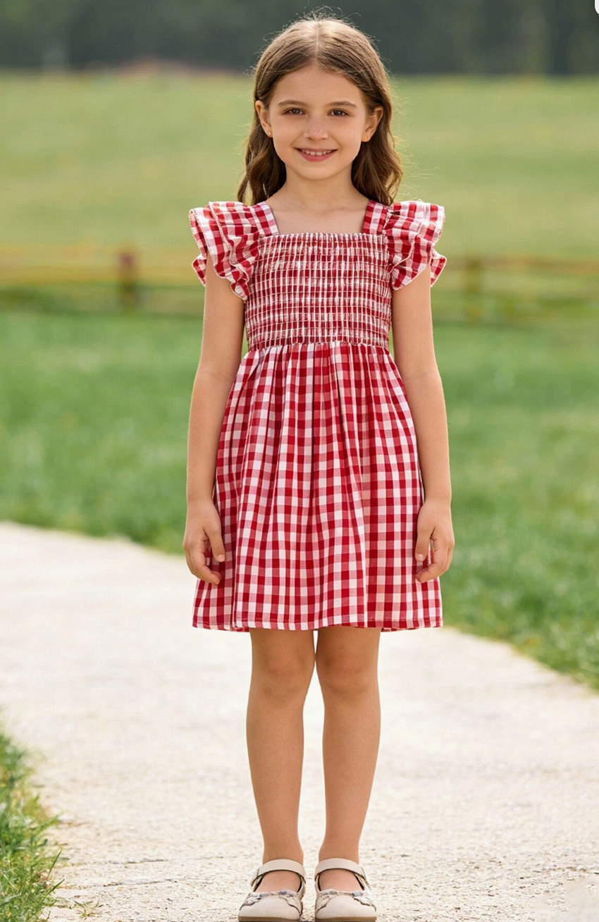 Rylee Faith Summer Plaid Smocked Ruffle Girls Dress