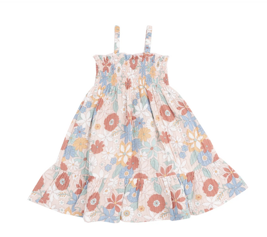 Angel Dear Girls Tropical Retro Floral Tie Strap Smocked Sun Dress