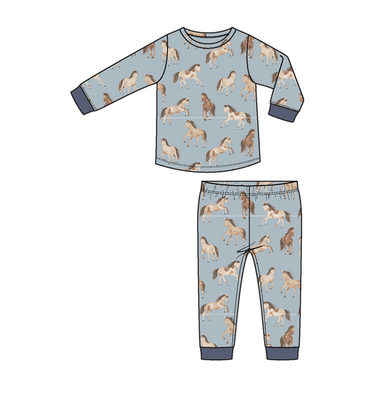 Angel Dear Two Piece Boys Blue Horses Bamboo Pajamas