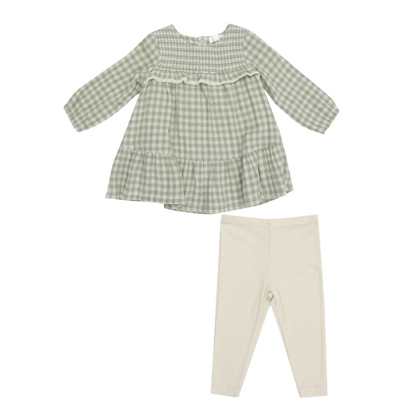 Angel Dear Mini Green Gingham - Smocked Ruffle Tiered Dress And Ribbed Legging