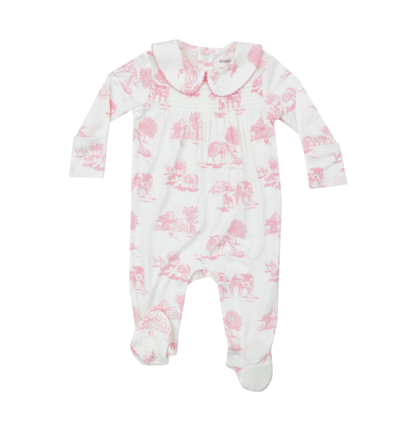 Angel Dear Girls Farm Toile Pink Smocked Peter Pan Footie Onesie