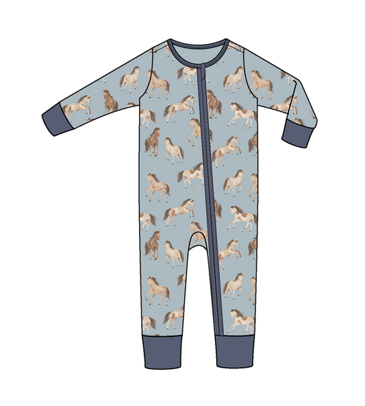 Angel Dear Blue Horses Bamboo Zipper Onesie