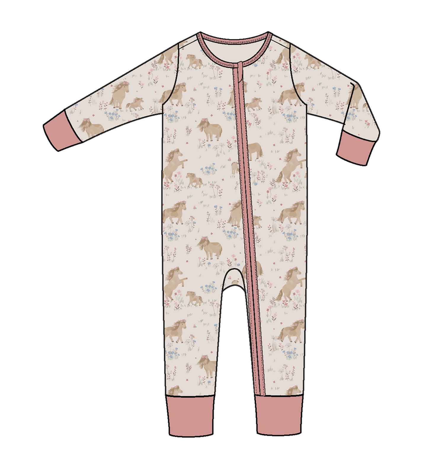 Angel Dear Girls Pink Ponies Zipper Bamboo Onesie