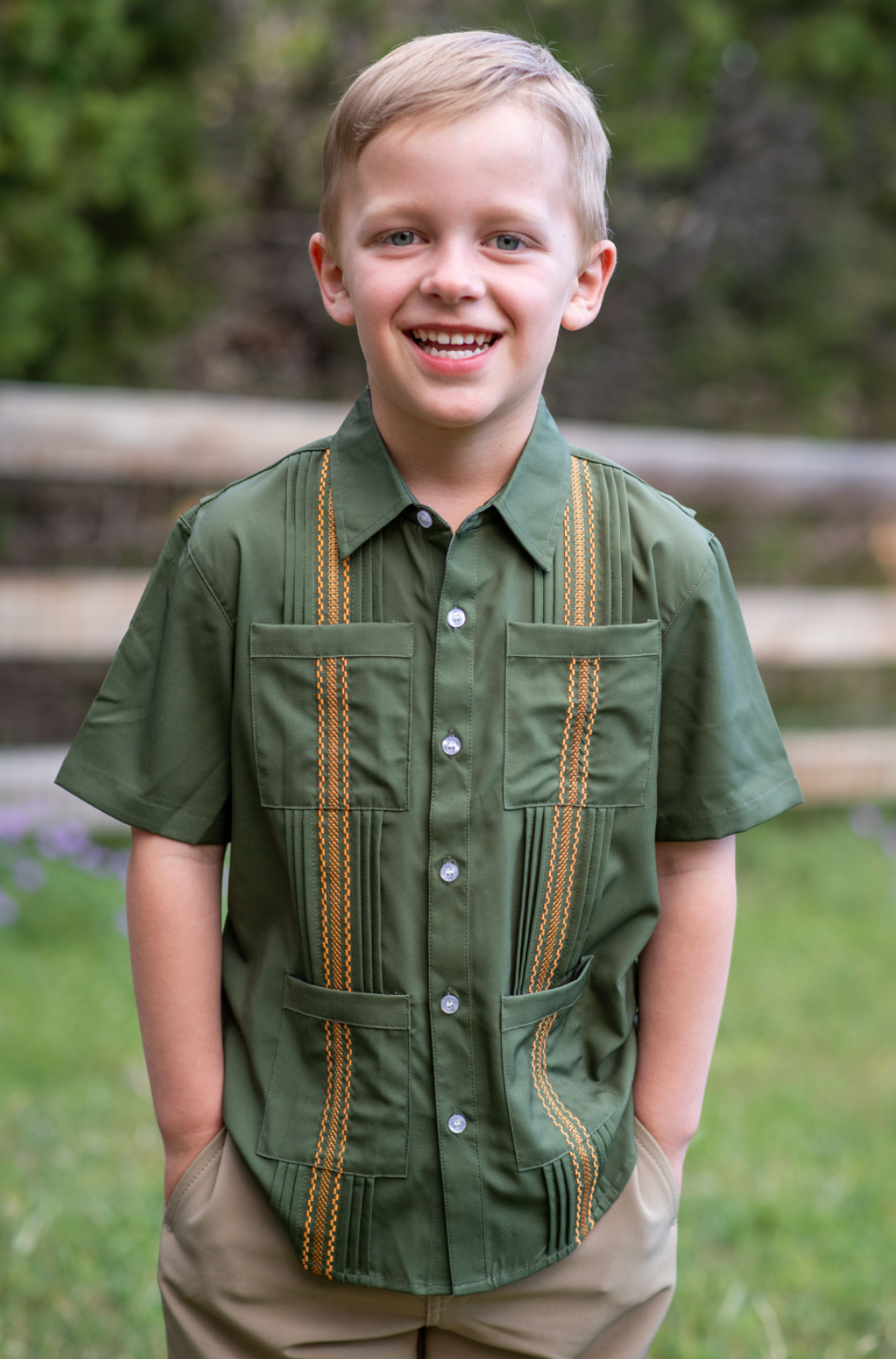 Blue Quail Green Post Oak Guayabera Boys Short Sleeve Shirt