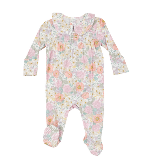 Angel Dear Girls Peonies and Roses Smocked Peter Pan Footie