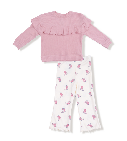 Angel Dear Petite Cowgirl Boots Ruffle Waffle Top and Rib Flare Pantso
