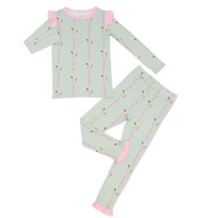 Hamner Hill x Petite Paloma Green Horse Ruffle Girls Bamboo Two Piece Loungewear Set