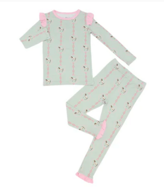 Hamner Hill x Petite Paloma Green Horse Ruffle Girls Bamboo Two Piece Loungewear Set