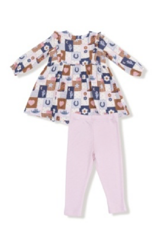 Angel Dear Patchwork Cowgirl Ruffle Long Sleeve Dress & Ribbed Leggings