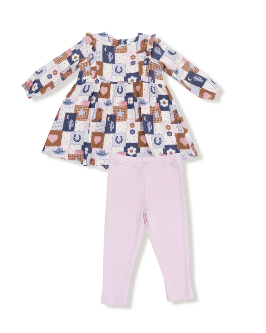 Angel Dear Patchwork Cowgirl Ruffle Long Sleeve Girls Dress & Ribbed Leggings