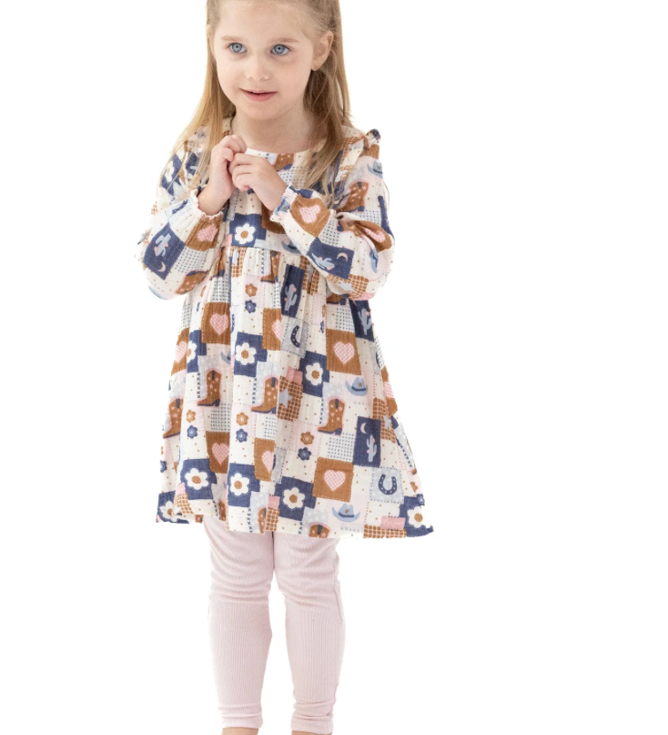 Angel Dear Patchwork Cowgirl Ruffle Long Sleeve Girls Dress & Ribbed Leggings