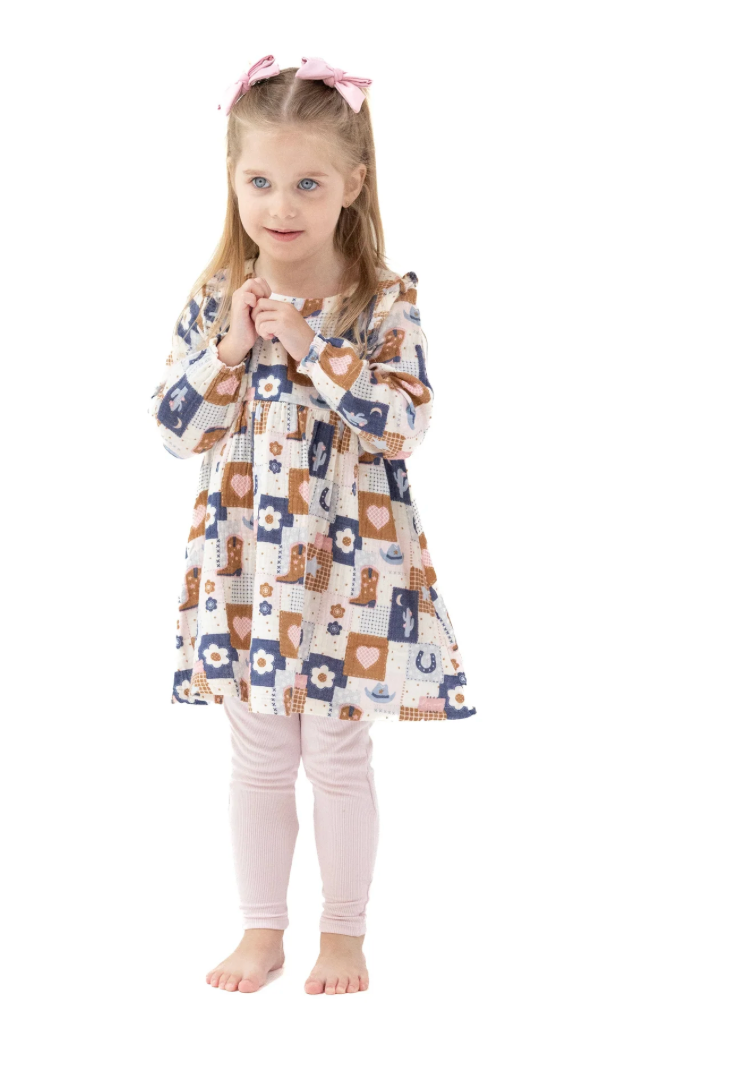 Angel Dear Patchwork Cowgirl Ruffle Long Sleeve Girls Dress & Ribbed Leggings
