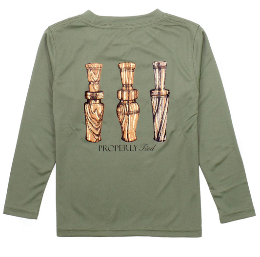 Properly Tied Boys Performance Tee LS Duck Calls Olive