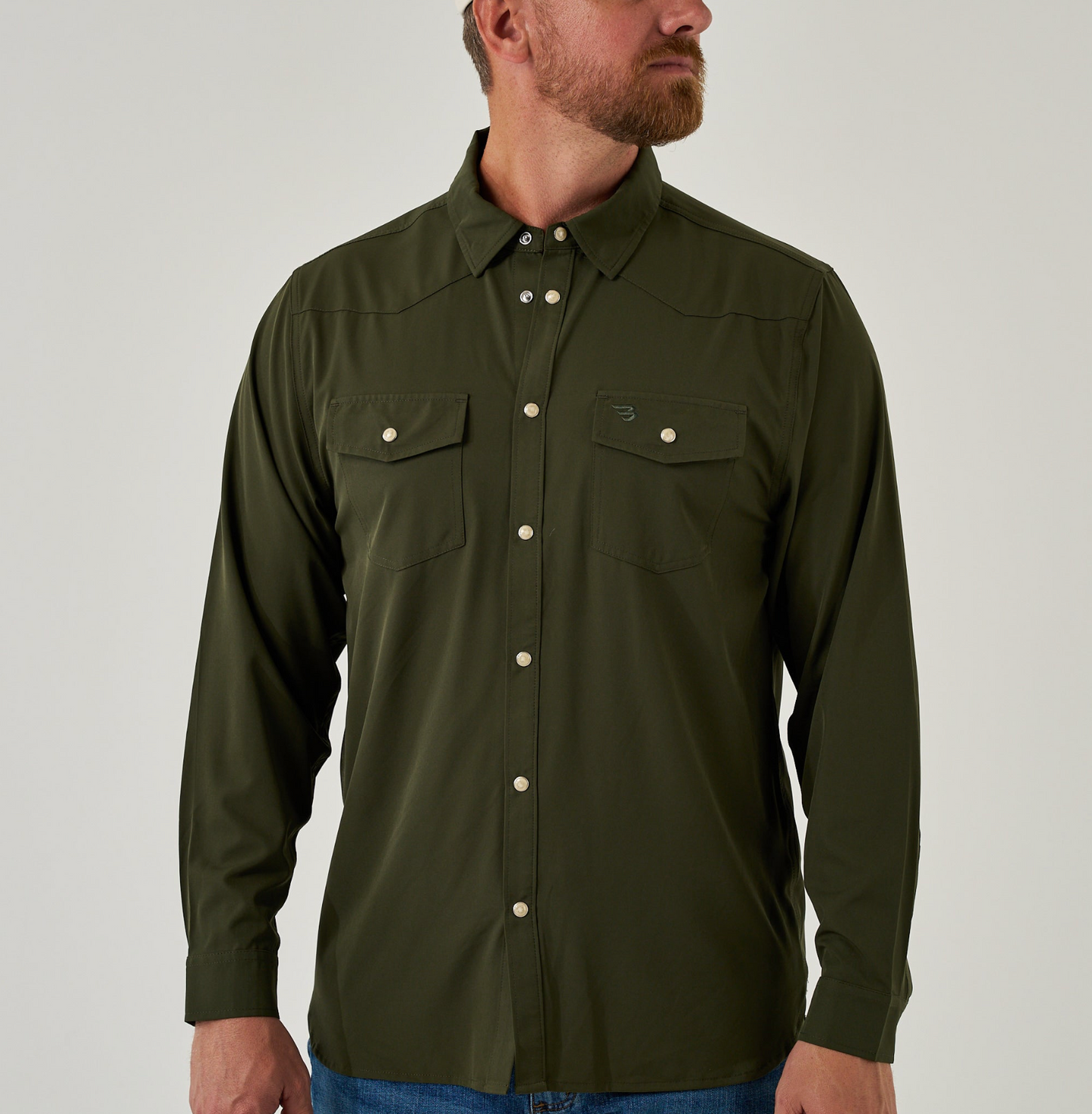 Burlebo Mens Mallard Green Performance Long Sleeve Pearl Snap Shirt