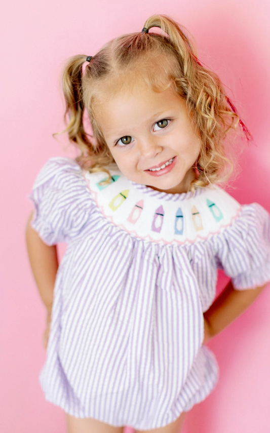 Poppy Kids Co Purple Crayon Girls Bubble Smocked Romper