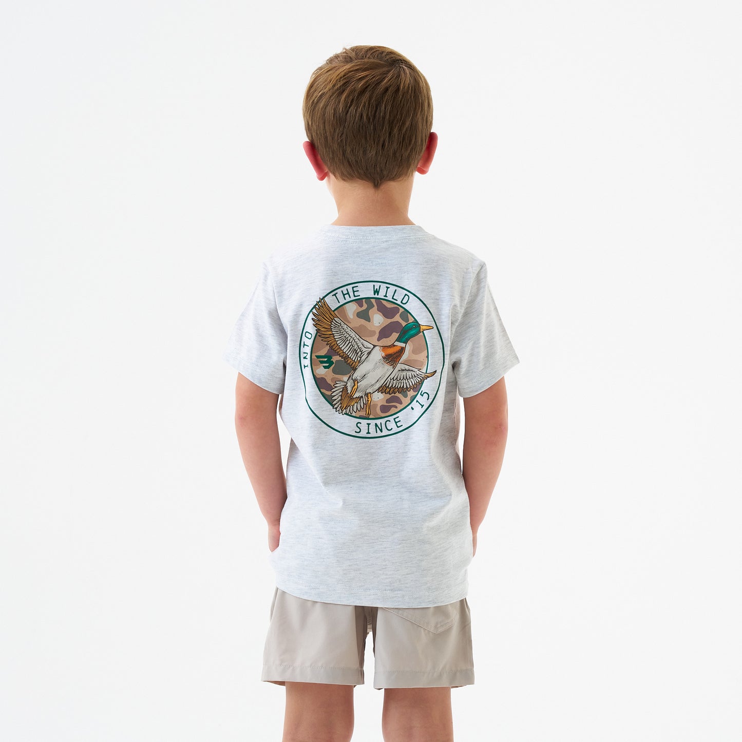 Burlebo Heather Ash Grey Camo Mallard Duck Short Sleeve Boys Shirt