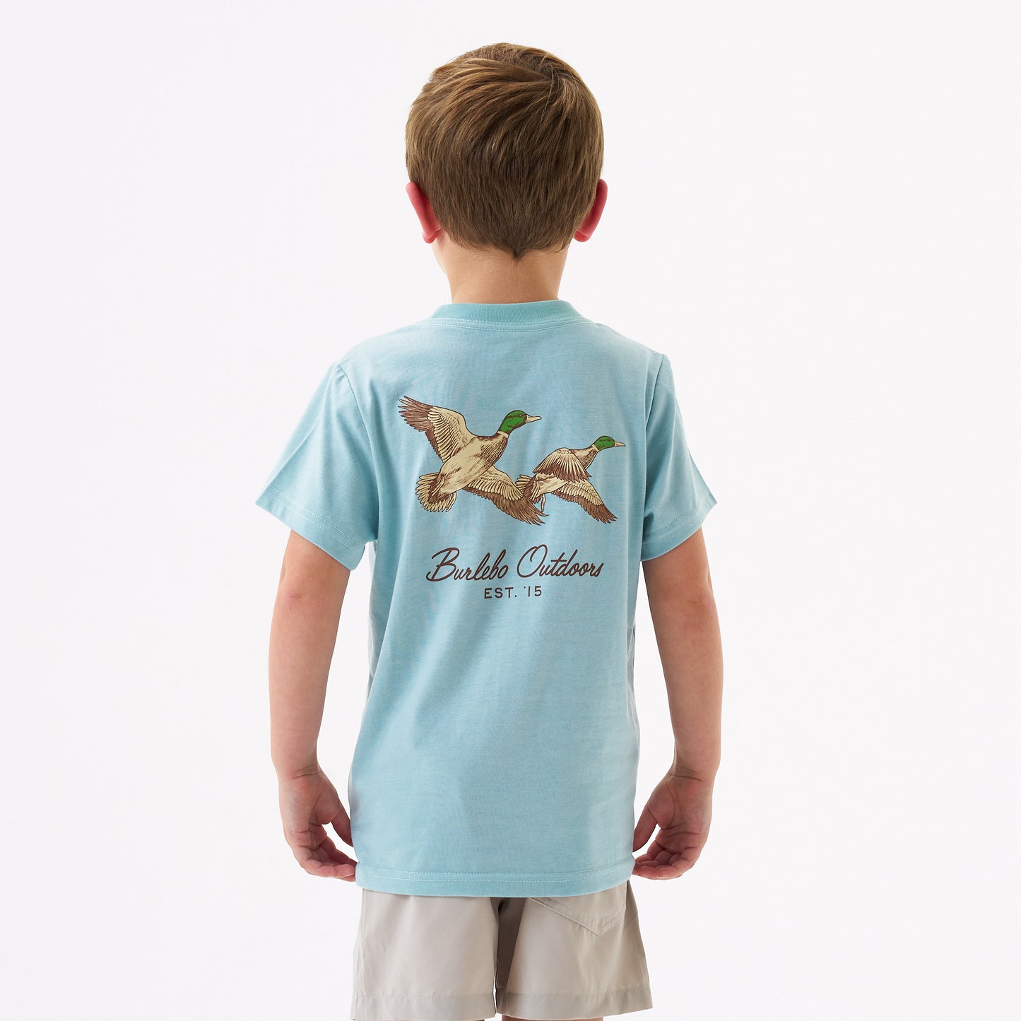 Burlebo Heather Sky Blue Flying Mallards Short Sleeve Boys Shirt