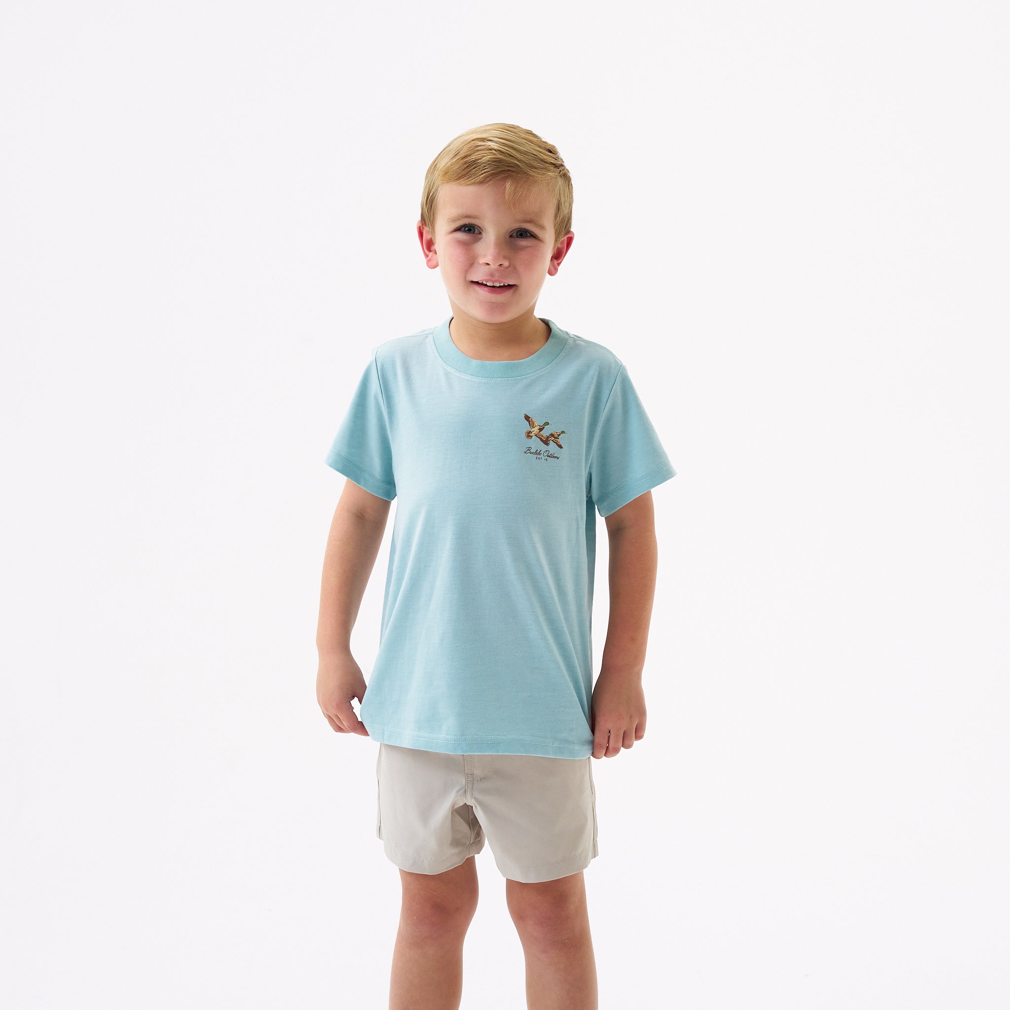 Burlebo Heather Sky Blue Flying Mallards Short Sleeve Boys Shirt
