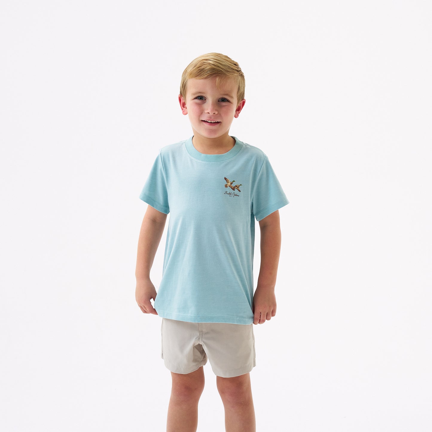 Burlebo Heather Sky Blue Flying Mallards Short Sleeve Boys Shirt