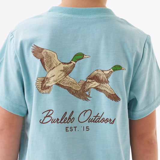 Burlebo Heather Sky Blue Flying Mallards Short Sleeve Boys Shirt