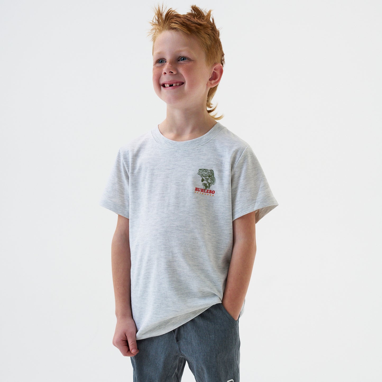 Burlebo Heather Ash Grey Fish Wild Short Sleeve Boys Shirt