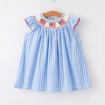 4th Of July Flag Embroidery Smocking Girls Dress